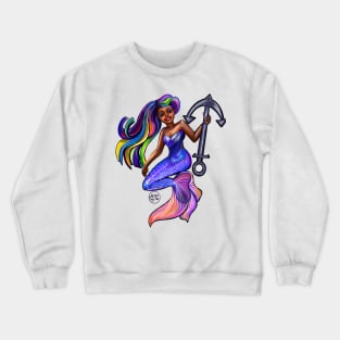 African American mermaid with flowing rainbow hair and anchor , brown eyes curly Afro hair and caramel brown skin Crewneck Sweatshirt